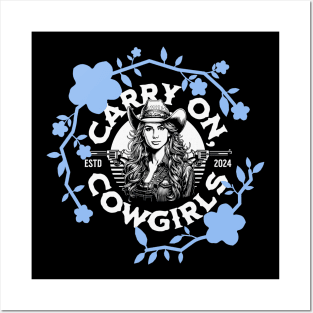 Carry On Cowgirls (blue flowers, circular text) Posters and Art